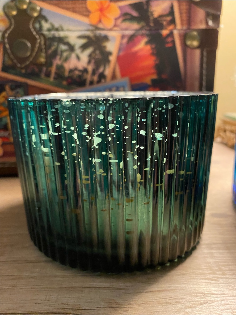 Smoked Incense Scented Candle 12 oz Green Speckled Cut Glass Jar 3-Wick